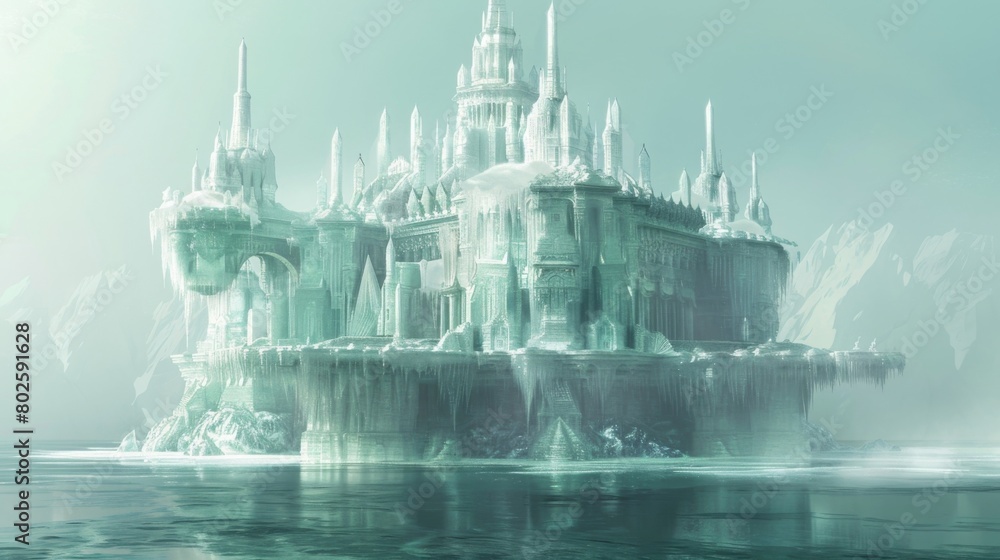 Poster built atop a massive glacier that floats across the sea the glacial mage citadel is in constant moti