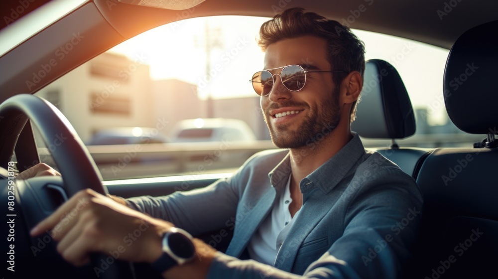 Wall mural driving charm charisma: a handsome man behind the wheel of his car - showcasing the sophistication a - Wall murals