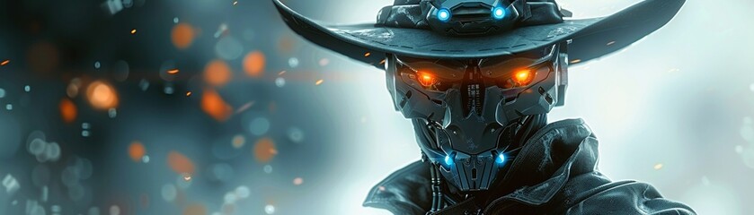 A cyberpunk robot wearing a cowboy outfit, blending futuristic and western styles 8K , high-resolution, ultra HD,up32K HD