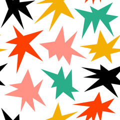 Colorful star seamless pattern. Yellow, red, green and black childish repeating background. Cartoon bright sparkles and sparks ornament wallpaper. Vector bright nursery repeated backdrop