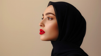 beautiful hijabi girl wearing black abaya and red lipstick, posing in profile against a beige background . A copy space concept banner for an ecommerce shop selling Arabic clothing Fashion diversity 