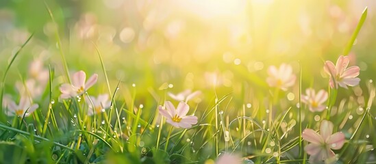 Spring grass with flowers is fresh on a sunny day with a naturally blurred background.