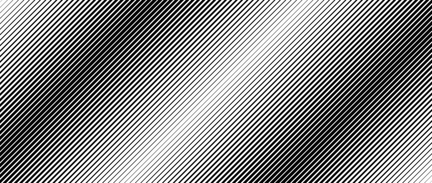 Oblique line halftone gradient texture. Faded diagonal stripe gradation background. Black slant linear pattern backdrop. Thin and thick stripe vanish backdrop for overlay, print, cover. Vector texture