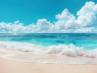 view of white beach with wave and blue sky background - ai