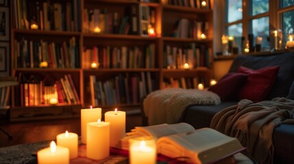 A floortoceiling bookshelf provides the backdrop for a tranquil reading nook its shelves lined with candles of various sizes. 2d flat cartoon.