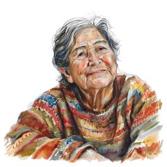 Latino senior woman Smiling in Comfy Sweater on White Background, watercolor sketch