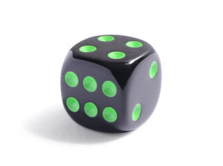 One black game dice isolated on white