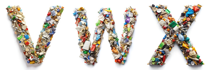 Fototapeta premium Letters V, W, X. Alphabet Made of Various Types of Waste: Symbol of Waste