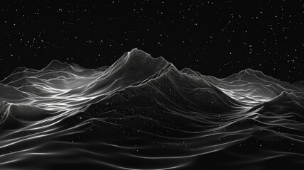 A black and white image of a mountain range with a starry sky in the background