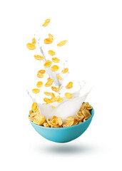 Tasty corn flakes with milk splashing out of bowl isolated on white
