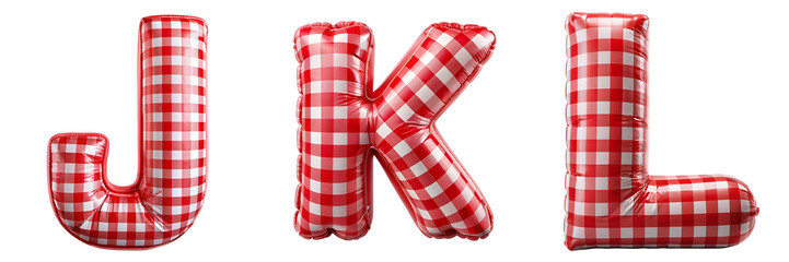 Letters J, K, L. Red and White Checkered Inflatable Balloon Alphabet for Brazilian Junina Party.