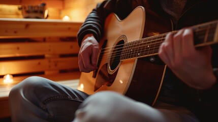 Obraz premium A sauna session accompanied by live music with a musician playing a tranquil melody on their guitar to enhance the theutic effects..