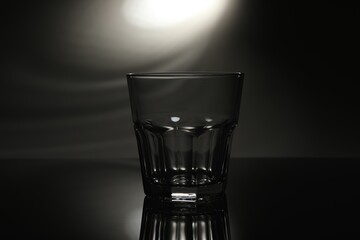 One empty glass on mirror surface against dark background