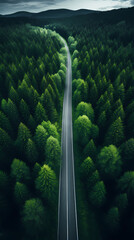 Aerial view of road through dense green forest from top down perspective