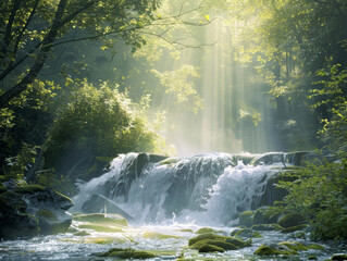 morning sunlighting sunbath at waterfall riverstream -ai