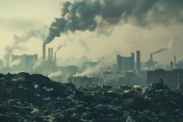 A polluted urban area with trash in the foreground and factories with smokestacks in the background, depicting severe environmental pollution
