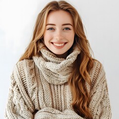 Happy Irish Girl in Cozy Sweater Smiling on White Background

