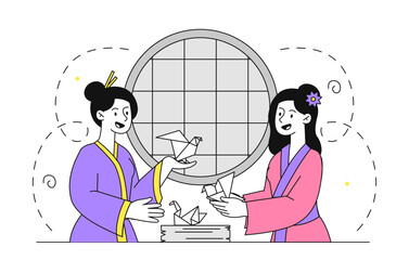 Japanese women with origami vector linear