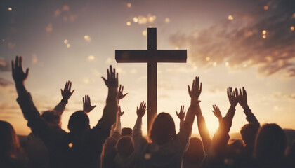 Christian worshipers raising hands up in the air in front of the cross, sunset

