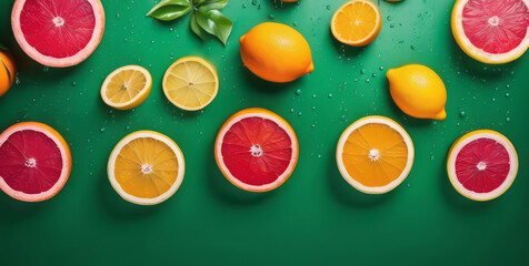 Slices of fresh juicy grapefruits, oranges, lemons in water splashes on green background. Citrus fruits cut in water drops. Summer freshness, poster design. Flat lay, top view