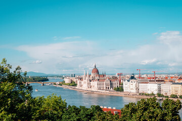 Building of Hungarian parliament and Danube river. View from Buda Castle. Budapest, Hungary