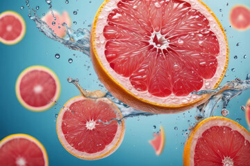 Slices of fresh juicy grapefruits in water splashes on blue background. Citrus fruits cut in water drops. Summer freshness, poster design. Flat lay, top view