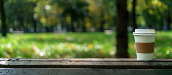 A disposable coffee cup placed on a wooden bench in a park on a cloudy summer day, with space available for text. Emphasizing the idea of relaxation in the park.