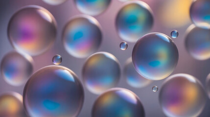 Iridescent soap bubbles float gracefully against a soft-focus background, reflecting a spectrum of colors.