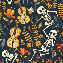 simple seamless día de los muertos musical instruments and dancing skeletons pattern,