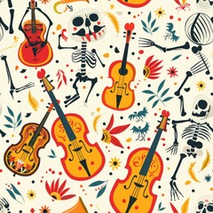 Obraz premium simple seamless día de los muertos musical instruments and dancing skeletons pattern,