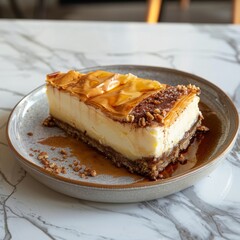 Exotic Baklava Fusion Cheesecake feature a rich, creamy top layer and a textured baklava base