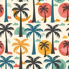 Fototapeta premium Simple Seamless Tropical Summer Pattern with Palm Trees and Sunny Beaches