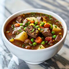 Hearty Vegetable Beef Soup brimming with tender pieces of beef, chunks of potato, sliced carrots, and celery, all visible through the rich, aromatic broth