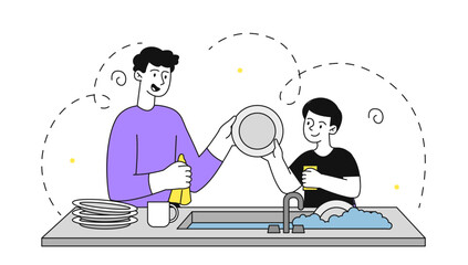 Family washing dishes vector simple