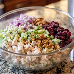 ingredients for Cape Cod Chicken Salad with cooked chicken, mayonnaise or Greek yogurt, dried cranberries, chopped celery, chopped red onion, toasted walnuts, and freshly chopped herbs