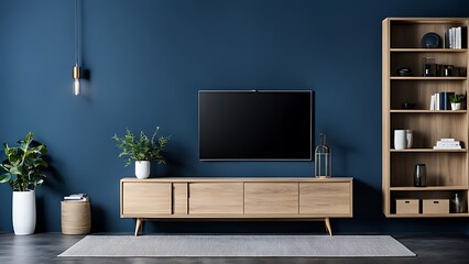  Living room with cabinet for tv on dark blue color wall background 