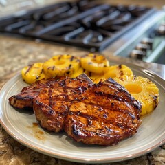 juicy, grilled pork chops with a glossy, caramelized glaze from a pineapple and brown sugar marinade