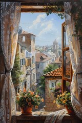  Abstract oil  painting features landscape of European   city village from window  wall art, moody vintage farmhouse  style digital art print, wallpaper, background