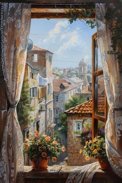 Abstract oil  painting features landscape of European   city village from window  wall art, moody vintage farmhouse  style digital art print, wallpaper, background