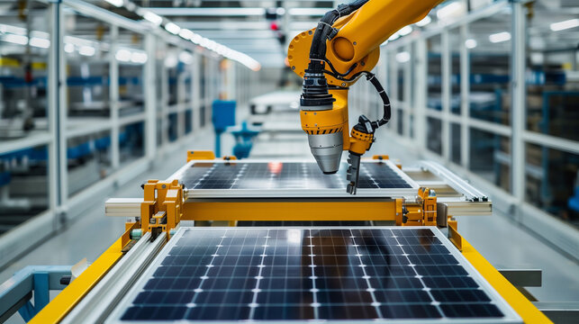 modern AI robotic arm working on solar panels production assembly line, industry automation