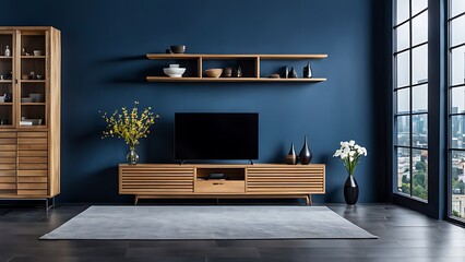 Living room with cabinet for tv on dark blue color wall background 