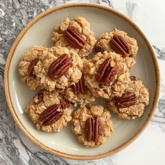No Bake Pecan Praline Coconut Cookies capturing the inviting look of the pecans and shredded coconut embedded