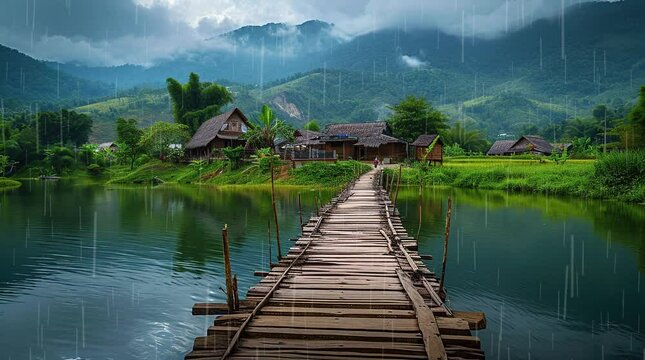 Rainy Day Passage: A charming wooden bridge leads to the village, enveloped in the soothing rain
Seamless looping 4k time-lapse virtual video animation background. Generated AI