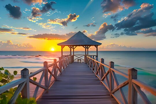 Gazebo on wooden pier at sunset in the beach. Generate AI image
