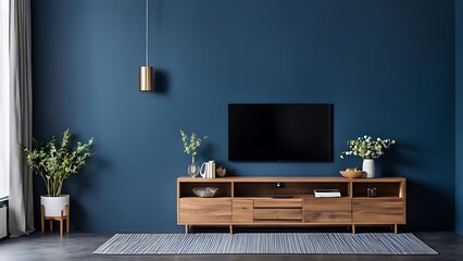  Living room with cabinet for tv on dark blue color wall background 