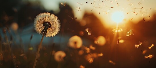 Dandelion shadow during sunset with seeds dispersing through the air.