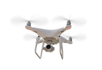 Isolated FrontView Drone Quadcopter UAV In Flight. Transparent PNG.