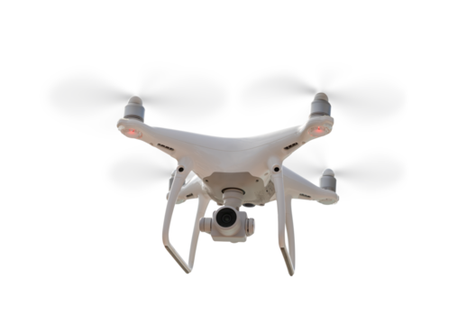 Isolated FrontView Drone Quadcopter UAV In Flight. Transparent PNG.