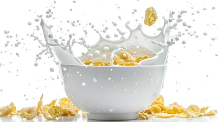 Corn flakes with milk splash in white bowl isolated on white background