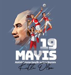 Fototapeta premium Vector illustration of The Commemoration of Atatürk, Youth and Sports Day (translate: Happy 19 May the commemoration of atatürk, youth and sports day)